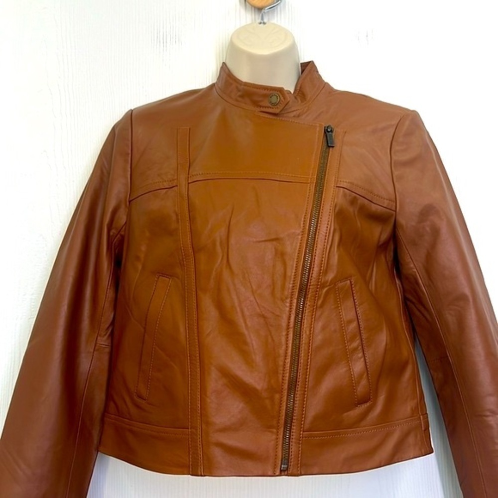 Michael Kors - Brown Leather Asymmetrical Zip Lined Long Sleeve Moto Jacket Med - Picture 3 of 12